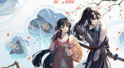  1boy 1girl akari_kuma arm_armor between_fingers black_hair blue_eyes blue_robe branch cheng_heguang chinese_paper-cut coat commentary_request facial_mark falling_petals feather_boa finger_to_mouth flower forehead_mark highres holding holding_paper holding_sword holding_weapon index_finger_raised jian_(weapon) long_hair looking_at_another looking_to_the_side master_ren_(reverse:1999) paper paper_heron papercutting petals pink_coat ponytail red_flower reverse:1999 robe sheath sheathed shirt smile sword upper_body very_long_hair weapon white_background white_shirt 