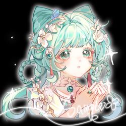  1girl aqua_eyes aqua_hair black_background blunt_bangs braid braided_hair_rings bug butterfly choker colored_eyelashes cone_hair_bun eyelashes flower hair_bun hair_flower hair_ornament hair_rings jewelry liu_letian long_hair looking_up necklace original parted_lips pink_flower portrait purple_butterfly ring sample_watermark sidelocks solo square tassel watermark 