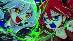  2girls angry aqua_hair arrow_(projectile) black_jacket blue_eyes blue_necktie chromatic_aberration clover-shaped_pupils collared_shirt commentary_request daidaidaidaidaikirai drill_hair electricity eye_contact fang frown hair_between_eyes hatsune_miku highres holding holding_arrow holding_polearm holding_weapon horns jacket kasane_teto kurayami_mayoi long_hair long_sleeves looking_at_another multiple_girls necktie open_mouth polearm red_eyes red_hair red_jacket sharp_teeth shirt short_hair smile symbol-shaped_pupils teeth trident twin_drills twintails upper_body upper_teeth_only utau v-shaped_eyebrows vocaloid weapon white_shirt 