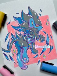 absurdres artist_name black_fur blue_fur highres kanae_ink luxray marker no_humans photo_(medium) pokemon pokemon_(creature) solo sparkle tail traditional_media two-tone_fur 