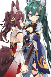  2girls animal_ear_fluff animal_ears aqua_gem back_cutout bare_back bare_shoulders black_dress blue_sleeves blush breasts brown_hair chinese_clothes cleavage_cutout closed_mouth clothing_cutout commentary_request cowboy_shot detached_sleeves dress e.o. eyelashes fingernails fox_ears fox_girl fox_tail from_behind fur_collar gem gold_trim green_eyes green_hair hair_between_eyes hair_ornament hair_stick half-closed_eyes heart_cutout high_ponytail highres holding_hands honkai:_star_rail honkai_(series) juliet_sleeves long_hair long_sleeves looking_at_another low_twintails mandarin_collar medium_breasts multiple_girls open_mouth ponytail puffy_sleeves red_gem simple_background sleeveless sleeveless_dress smile standing tail tassel thigh_strap tingyun_(harmony)_(honkai:_star_rail) tingyun_(honkai:_star_rail) twintails two-tone_dress violet_eyes wavy_hair white_background white_dress white_sleeves wide_sleeves yukong_(honkai:_star_rail) 