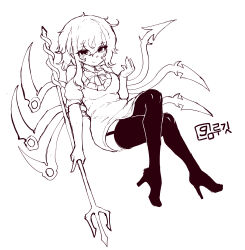  1girl absurdres alternate_costume asymmetrical_wings blush boots bow bowtie closed_mouth clothing_cutout commentary dress full_body garter_straps highres holding holding_polearm holding_weapon houjuu_nue korean_commentary long_hair looking_at_viewer polearm rampa93 shoulder_cutout smile solo thigh_boots touhou trident weapon wings 