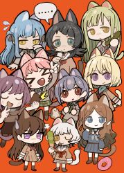  >_< 6+girls absurdres animal_ear_fluff animal_ears ave_mujica_(bang_dream!) bang_dream! bang_dream!_it's_mygo!!!!! black_hair black_skirt black_socks blonde_hair blue_eyes blue_hair blue_shirt blue_skirt brown_dress brown_hair cat_ears cat_girl cat_tail cellphone chibi chibi_only chihaya_anon chinese_commentary closed_eyes closed_mouth commentary_request cucumber doughnut dress drink_carton fang food green_hair green_necktie green_skirt grey_hair grey_jacket grey_neckerchief grey_shirt hair_ornament hairclip hanasakigawa_school_uniform haneoka_school_uniform highres holding holding_drink_carton holding_ice_cream_cone holding_phone ice_cream ice_cream_cone jacket kaname_raana kemonomimi_mode llllwewewe long_hair long_sleeves matcha_(food) medium_hair misumi_uika mole mole_under_eye multiple_girls mygo!!!!!_(bang_dream!) nagasaki_soyo neckerchief necktie one_eye_closed open_mouth phone pink_hair plaid_clothes plaid_skirt pleated_dress purple_background raana_the_cat red_eyes sailor_dress school_uniform selfie shiina_taki shirt short_hair skirt smartphone socks sweatdrop tail takamatsu_tomori togawa_sakiko tongue tongue_out tsukinomori_school_uniform twirling_hair two_side_up u_u v violet_eyes wakaba_mutsumi yahata_umiri yellow_eyes yuutenji_nyamu 