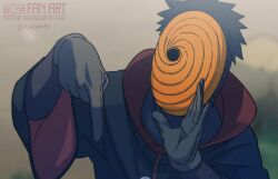  1boy akatsuki_uniform asamishi black_coat black_hair blurry blurry_background coat gloves long_sleeves male_focus mask naruto_(series) naruto_shippuuden orange_mask pointing pointing_down short_hair solo tobi_(naruto) twitter_username uchiha_obito upper_body 
