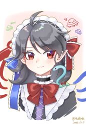  1girl :3 absurdres ahoge artist_name asymmetrical_wings black_choker black_dress black_hair black_hairband blue_ribbon blue_wings blush bow bowtie choker closed_mouth commentary_request cropped_torso dated dress flat_chest frilled_choker frilled_ribbon frills hair_between_eyes hair_ribbon hairband heart highres houjuu_nue kiri_(maoxianjiu) lolita_fashion lolita_hairband long_hair looking_at_viewer multicolored_hairband pink_background pointy_ears portrait red_bow red_bowtie red_eyes red_ribbon red_wings ribbon smile snake solo touhou twitter_username two-tone_background two-tone_choker two-tone_hairband two-tone_ribbon ufo white_background white_choker white_hairband white_ribbon wings 