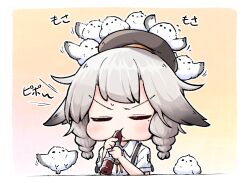  1girl azur_lane bird chibi closed_eyes collared_shirt commentary_request flute grey_hair holding holding_flute holding_instrument instrument kado_(hametunoasioto) kazagumo_(after-school_melody)_(azur_lane) kazagumo_(azur_lane) mole mole_under_eye music neckerchief official_alternate_costume orange_neckerchief playing_flute playing_instrument shirt short_braid short_hair short_sleeves simple_background solo tit_(bird) two-tone_background white_bird white_shirt wing_ears 