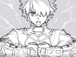  1boy armor capelet chickenuma_0 clenched_hands commentary fate/grand_order fate_(series) fist_bump galahad_(fate) gorget hair_over_one_eye highres lightning looking_at_viewer male_focus monochrome open_mouth own_hands_together ringed_eyes short_hair sketch solo teeth upper_body upper_teeth_only 