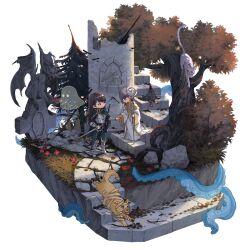  2girls absurdres animalization armor ave_mujica_(bang_dream!) bang_dream! bang_dream!_it's_mygo!!!!! beiji_qi bird blue_cape brown_eyes cape cat chinese_commentary cloak commentary_request commission crow diorama dog earrings ghost grey_hair highres holding holding_staff holding_sword holding_weapon jewelry knight misumi_uika monster multiple_girls octopus second-party_source shiina_taki short_hair staff statue sword takamatsu_tomori togawa_sakiko tree violet_eyes wakaba_mutsumi weapon white_cloak yahata_umiri yuutenji_nyamu 