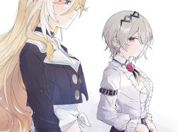  2girls black_hairband black_jacket blonde_hair blue_eyes brown_hair center_frills commentary durandal_(honkai_impact) frills fud hairband highres honkai_(series) honkai_impact_3rd jacket long_hair long_sleeves looking_at_another mole mole_under_eye multiple_girls rita_rossweisse rita_rossweisse_(summer_night's_dream) short_hair untranslatable_commentary very_long_hair violet_eyes 