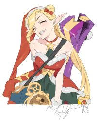  1girl absurdres ambitious_elf_jinx bare_shoulders blonde_hair blush choker closed_eyes collarbone dress grin hashtag-only_commentary hat highres jinx_(league_of_legends) league_of_legends long_hair official_alternate_costume pointy_ears red_choker santa_costume santa_dress santa_hat smile solo sueyoxi teeth 