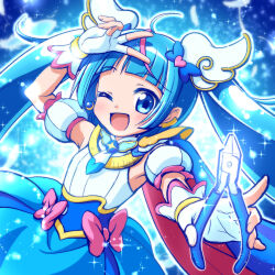  1girl ;d absurdres ahoge arched_bangs arm_up blue_background blue_bow blue_cape blue_dress blue_eyes blue_theme blush bow brooch cape color_connection commentary_request cosplay cure_sky cure_sky_(cosplay) detached_sleeves dress dress_bow earclip earrings feathers fingerless_gloves gloves hair_bow hair_color_connection hair_ornament hairstyle_connection highres hirogaru_sky!_precure holding holding_pliers jewelry long_hair looking_at_viewer magical_girl miesa multicolored_dress multicolored_hair nipako one_eye_closed open_mouth partial_commentary pink_bow pink_streaks pliers precure puffy_detached_sleeves puffy_sleeves red_cape single_bare_shoulder single_earring single_hair_streak sleeveless sleeveless_dress smile solo sparkle sparkle_background streaked_hair twintails two-sided_cape two-sided_fabric two-tone_dress two-tone_hair ultimate_nipper upper_body v v_over_head very_long_hair white_dress white_gloves wing_brooch wing_hair_ornament 