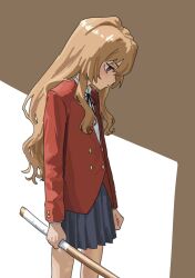  1girl aisaka_taiga bokken brown_eyes brown_hair commentary_request expressionless flat_chest h4sh1rnoto highres long_hair looking_down oohashi_high_school_uniform pleated_skirt school_uniform skirt solo sword toradora! weapon wooden_sword 
