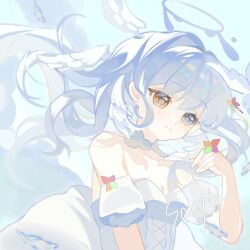  1girl blue_eyes blunt_bangs closed_mouth clouds collarbone detached_sleeves dot_nose dress eyelashes feathered_wings floating_hair hair_intakes halo head_wings heterochromia highres liu_letian orange_eyes original puffy_short_sleeves puffy_sleeves short_sleeves solo square upper_body white_dress white_hair white_halo white_wings wings 