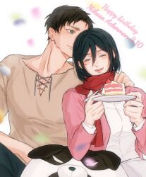  1boy 1girl birthday birthday_cake black_hair brown_hair cake cardigan closed_eyes closed_mouth dated em1607230229543 english_commentary eren_yeager food green_eyes hair_between_eyes happy_birthday highres holding holding_plate light_blush long_sleeves mikasa_ackerman open_cardigan open_clothes open_mouth pink_cardigan plate red_scarf scar scar_on_cheek scar_on_face scarf shingeki_no_kyojin shirt short_hair smile strawberry_cake upper_body white_shirt 