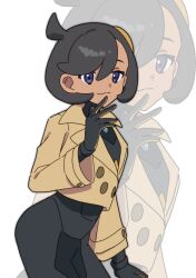  1girl black_bodysuit black_hair bodysuit bodysuit_under_clothes brown_jacket contrapposto dark-skinned_female dark_skin emma_(pokemon) gloves highres jacket latex latex_bodysuit multicolored_gloves nnn_lu orange_gloves pokemon pokemon_legends:_z-a short_hair smile solo two-tone_gloves violet_eyes wavy_mouth 