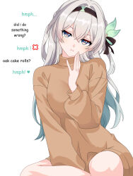  1girl absurdres anger_vein black_hairband blue_eyes brown_shirt commentary english_commentary english_text firefly_(honkai:_star_rail) gradient_hair green_hair grey_hair hair_between_eyes hair_ornament hairband highres honkai:_star_rail honkai_(series) maxwelzy multicolored_hair pout shirt simple_background sitting solo white_background 