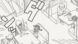  2boys 3girls :o blush booth_seating braid check_commentary commentary_request emphasis_lines facial_hair food himedanshi holding holding_tray horideiyasumi mob_face monochrome motion_blur motion_lines multiple_boys multiple_girls mustache original parfait pointing pointing_at_another ponytail restaurant school_uniform shipping_(fandom) spoon tray twin_braids waiter wide-eyed yuri 