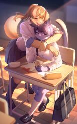  2girls animal_ears animal_nose bag black_bag black_shoes blonde_hair blue_eyes blush body_fur braid cat_ears cat_girl cat_tail cellphone chair classroom closed_eyes commentary_request desk dog_ears dog_girl dog_tail floppy_ears furry furry_female furry_with_furry hair_brush hair_over_shoulder highres holding holding_phone hug_from_side light_particles long_sleeves multiple_girls original phone pleated_skirt purple_hair sasayuki_(kemonoyou) school_chair school_desk shadow shirt shirt_tucked_in shoes single_braid sitting skirt smartphone socks standing tail tongue tongue_out whiskers white_shirt wooden_floor yuri 