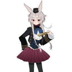  1girl animal_ears black_hat black_jacket black_pantyhose blue_bow blue_bowtie bow bowtie cony_crescent garrison_cap grey_hair hat holding jacket long_sidelocks mini_hat pantyhose pleated_skirt rabbit_ears rabbit_girl red_eyes red_skirt short_hair sidelocks skirt uchako uchi_no_hime-sama_ga_ichiban_kawaii 
