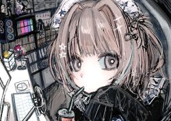  1girl bob_cut book bookshelf brown_eyes brown_hair bubble_tea commentary_request commission computer_keyboard computer_mouse cup drinking drinking_straw figure four-pointed_star frills hair_ornament hair_ribbon hat_ornament highres holding holding_cup indoors l3memc358 long_sleeves looking_at_viewer microphone monitor multicolored_hair original portrait ribbon rubber_duck skeb_commission speaker star_(symbol) star_hat_ornament streaked_hair 