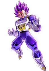  1boy biceps blue_bodysuit bodysuit boots commentary cracked_armor damaged dragon_ball dragon_ball_super earrings gloves jewelry looking_at_viewer male_focus muscular muscular_male no_eyebrows open_mouth outline purple_hair purple_outline saiyan_armor simple_background solo spiky_hair teeth ultra_ego_(dragon_ball) vegeta white_background white_boots white_gloves yellow_eyes yumegiwa-lastboy0112 