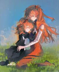  2girls age_comparison bandaged_arm bandages bare_shoulders black_dress black_shoes blue_sky bodysuit bow closed_eyes closed_mouth clouds comforting commentary dress dual_persona eliza_804 facing_another facing_down grass hair_between_eyes hair_ornament hair_over_shoulder hair_ribbon hand_on_another's_back hand_on_another's_chest hand_on_another's_head head_on_chest highres hug interface_headset_(evangelion) juliet_sleeves long_hair long_sleeves mary_janes mecha_pilot_suit medium_hair multiple_girls neon_genesis_evangelion orange_hair parted_bangs plugsuit_(evangelion) puffy_sleeves red_bodysuit red_ribbon ribbon seiza shoes short_dress sidelocks single_bare_shoulder single_sleeve single_wrist_cuff sitting sky souryuu_asuka_langley striped_bodysuit time_paradox two_side_up untranslatable_commentary wariza white_bow white_ribbon white_wrist_cuffs wrist_cuffs 