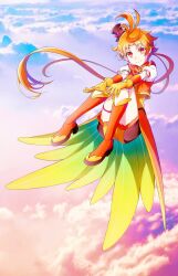  1boy above_clouds antenna_hair black_hat black_shorts boots closed_mouth clouds coattails cropped_jacket cure_wing day earrings floating frilled_shorts frills gloves hat highres hirogaru_sky!_precure hugging_own_legs jacket jewelry knee_boots knees_up kyoutsuugengo layered_gloves leg_ribbon long_hair looking_at_viewer low_ponytail male_focus mini_hat mini_top_hat open_clothes open_jacket orange_boots orange_gloves orange_hair orange_jacket orange_vest outdoors ponytail precure puffy_short_sleeves puffy_sleeves red_eyes ribbon short_shorts short_sleeves shorts smile tailcoat tilted_headwear top_hat twilight two-sided_fabric very_long_hair vest yuunagi_tsubasa 