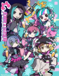  5girls absurdres ahoge animal_ear_headphones animal_ears asahi_rokka bang_dream! bang_dream!_girls_band_party! black_eyes black_gloves black_hair black_hairband black_hat black_pantyhose black_skirt blonde_hair blue_hair blue_streaks bottle braid brown_eyes champagne_flute chibi chinese_commentary commentary_request crop_top cup drinking_glass fake_animal_ears fingerless_gloves gloves group_name hairband hat headphones highres holding holding_bottle jacket llllwewewe long_hair multicolored_hair multiple_girls nyubara_reona open_mouth pantyhose pink_hair pink_jacket raise_a_suilen sato_masuki short_hair skirt tamade_chiyu twin_braids two-tone_hair w wakana_rei white_hair 