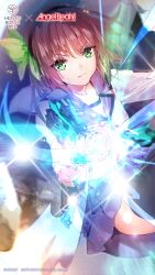  1girl aiming angel_beats! aura black_hairband black_thighhighs blue_skirt bow closed_mouth commentary copyright_logo copyright_notice cowboy_shot english_commentary eyelashes fighting_stance green_bow green_eyes gun hair_between_eyes hair_bow hairband handgun heaven_burns_red highres holding holding_gun holding_weapon key_(company) logo long_sleeves looking_at_viewer medium_hair miniskirt nakamura_yuri neckerchief official_art official_wallpaper outstretched_arms pink_neckerchief pleated_skirt purple_hair rubble serious shinda_sekai_sensen_uniform shirt sitting skirt solo straight_hair thigh-highs v-shaped_eyebrows weapon white_shirt 