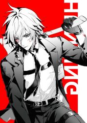  1boy absurdres anxilotus arm_tattoo armlet axe belt black_belt black_gloves black_jacket black_necktie black_pants blood blood_on_face braid chest_strap collared_shirt earrings facial_tattoo gloves greyscale_with_colored_background highres holding holding_axe honkai:_star_rail honkai_(series) jacket jewelry male_focus medium_hair mydei_(honkai:_star_rail) necktie open_clothes open_jacket pants red_background red_tattoo shirt side_braid solo spot_color tattoo thigh_strap white_shirt 