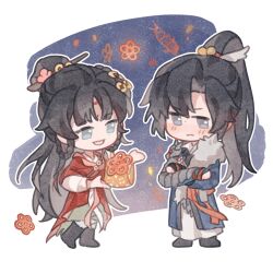  1boy 1girl :d arm_armor black_boots black_hair blue_background blue_eyes blue_robe boots cheng_heguang chibi chinese_clothes chinese_commentary chinese_paper-cut closed_mouth commentary_request crossed_arms feather_boa full_body hair_bun hanfu highres long_hair open_mouth pants paper_heron papercutting ponytail red_hanfu reverse:1999 robe smile standing tan-yang_huahe-wu two-tone_background white_background white_pants 