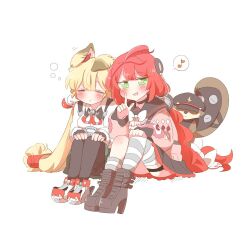  2girls :d ahoge alice_thymefield animal_ear_fluff animal_ears asymmetrical_legwear black_boots black_choker black_gloves black_pantyhose black_sailor_collar black_skirt blonde_hair blunt_bangs blush boots bow bowtie breasts bright_pupils choker collared_shirt commentary_request double-parted_bangs fingerless_gloves frilled_skirt frills full_body gloves green_eyes grey_socks grey_thighhighs hair_bow hair_ornament hand_up hands_on_own_knees high_heel_boots high_heels index_finger_raised kamanosuke_(zenless_zone_zero) knees_up long_hair long_sleeves looking_at_viewer low_twintails medium_breasts miniskirt multiple_girls musical_note one_ear_down open_mouth pantyhose parted_lips pink_sweater pleated_skirt rabbit_ears rabbit_girl rebecca_(keinelove) red_hair sailor_collar shirt shoes simple_background single_sock single_thighhigh sitting skirt sleeping smile socks sphere_hair_ornament spoken_musical_note squeans striped_clothes striped_socks striped_thighhighs sweater thigh-highs thigh_strap twintails ukinami_yuzuha uneven_legwear white_background white_bow white_bowtie white_pupils white_shirt white_shoes zenless_zone_zero 