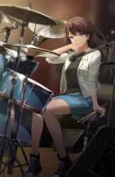  1girl bang_dream! bang_dream!_it's_mygo!!!!! belt belt_buckle black_shirt blue_skirt blurry blush brown_belt brown_hair buckle chinese_commentary commentary_request commission depth_of_field drum drum_set drumsticks hand_up highres holding holding_drumsticks instrument jacket long_hair mole mole_under_eye open_clothes open_jacket open_mouth second-party_source shiina_taki shirt shoes sitting skirt sneakers solo sweat three-quarter_sleeves violet_eyes watermark weibo_watermark white_jacket wiping_sweat yannn 