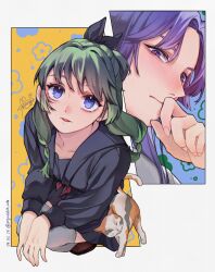  1boy 1girl beads black_ribbon black_sailor_collar black_serafuku black_shirt black_skirt blue_background blue_eyes blush border brown_shoes calico_(pattern) calico_cat cat closed_mouth dated freckles green_hair grey_thighhighs hair_beads hair_ornament hair_ribbon hand_to_own_mouth highres jinshi_(kusuriya_no_hitorigoto) kusuriya_no_hitorigoto long_hair looking_at_viewer maomao_(kusuriya_no_hitorigoto) necktie parted_bangs parted_lips pigrabbit_mtz purple_hair red_necktie ribbon sailor_collar school_uniform serafuku shirt shoes sign skirt squatting thigh-highs twitter_username violet_eyes white_border yellow_background 