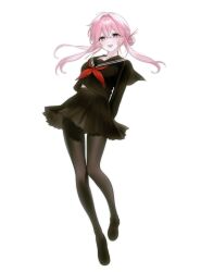  1girl :d arms_behind_back black_pantyhose black_sailor_collar black_serafuku black_shirt black_shoes black_skirt blush breasts collarbone commentary_request curtained_hair dot_nose earrings eyelashes full_body hair_bun highres jewelry korean_commentary light_particles loafers long_hair long_sleeves looking_at_viewer medium_breasts midriff_peek neckerchief open_mouth original pantyhose pink_eyes pink_hair pleated_skirt red_neckerchief sailor_collar school_uniform serafuku shirt shoes simple_background single_hair_bun skirt smile so_seo solo teeth thighband_pantyhose twintails upper_teeth_only white_background wind wind_lift 