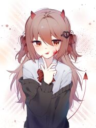  1girl :q ahoge black_cardigan blood blood_on_cheek blood_on_hands blood_spray bow bowtie broken_heart broken_heart_hair_ornament brown_hair cardigan collared_shirt demon_horns demon_tail evil_neuro-sama finger_to_own_chin hair_between_eyes hair_intakes hair_ornament hair_ribbon hand_up heart highres horns long_hair long_sleeves off-shoulder_cardigan orange_eyes red_bow red_bowtie red_ribbon ribbon school_uniform shirt skull_hair_ornament solo tail tongue tongue_out torn_bowtie torn_hair_ribbon two_side_up upper_body v-shaped_eyebrows vedal_ai white_background white_shirt yebiyo1206 
