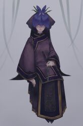  1girl black_hair commentary_request flower flower_on_head grey_background hand_fan highres holding holding_fan long_hair looking_at_viewer pale_skin sitting solo touhou violet_eyes yatsuga_(kouahey_dierci) yomotsu_hisami 