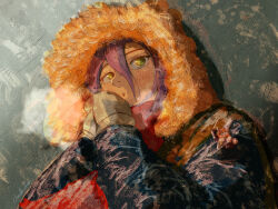  1girl alternate_costume alternate_form blue_coat breath brush_stroke chainsaw chainsaw_man character_charm charm_(object) cloudbuster_104 coat cold denji_(chainsaw_man) faux_traditional_media from_below fur_trim gloves green_background green_eyes grey_gloves hair_between_eyes hands_up highres looking_at_viewer looking_to_the_side open_mouth painterly purple_hair red_scarf reze_(chainsaw_man) scarf solo upper_body winter_clothes winter_coat 