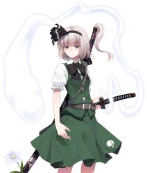  1girl belt belt_buckle black_hairband black_ribbon blue_eyes bow buckle buttons closed_mouth commentary_request crote green_skirt green_vest grey_hair hairband highres holding holding_sword holding_weapon konpaku_youmu konpaku_youmu_(ghost) large_variant_set neck_ribbon puffy_sleeves ribbon short_hair simple_background skirt skirt_set solo standing sword touhou transparent_background variant_set vest weapon 