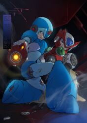  2boys arm_cannon armor battle_damage blue_armor blue_eyes blue_helmet chest_jewel forehead_jewel full_body green_eyes helmet highres male_focus mega_man_(series) mega_man_x_(series) multiple_boys red_armor red_helmet to_i_to_io weapon x_(mega_man) zero_(mega_man) 