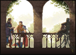  2boys aged_up alternate_hairstyle arch armor black_border blue_eyes blue_hair book boots border brown_boots capelet commentary english_commentary fire_emblem fire_emblem:_radiant_dawn green_headband headband highres holding holding_book ike_(fire_emblem) long_hair male_focus mez-zo multiple_boys open_book pauldrons short_hair shoulder_armor single_pauldron sitting smile soren_(fire_emblem) time_lapse very_long_hair wide_sleeves 