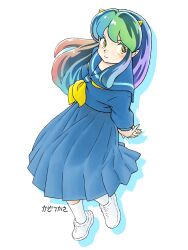  1girl arms_behind_back artist_name blue_serafuku commentary_request drop_shadow highres interlocked_fingers kado_tsukasa lips long_hair long_skirt looking_to_the_side lum multicolored_hair neckerchief school_uniform serafuku shoes simple_background skirt solo urusei_yatsura white_background white_shoes yellow_eyes yellow_neckerchief 