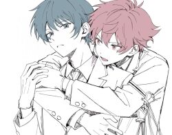  2boys ace_trappola arm_up armband blue_hair buttoned_cuffs buttons collared_shirt deuce_spade dot_nose facial_mark gloves grey_eyes hand_on_another's_hand heart heart_facial_mark iceee63 layered_sleeves long_sleeves looking_to_the_side male_focus multiple_boys night_raven_college_school_uniform open_mouth parted_hair parted_lips red_eyes red_hair school_uniform shirt sideways_glance simple_background spade_(shape) spade_facial_mark twisted_wonderland upper_body white_background wing_collar 