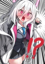  1girl absurdres black_hairband black_skirt black_thighhighs blue_archive blue_necktie blush breasts commentary_request hair_between_eyes hairband halo highres incoming_attack incoming_punch jacket kei_(blue_archive) kei_(new_body)_(blue_archive) korean_commentary long_hair long_hair_between_eyes miniskirt multicolored_jacket necktie nose_blush pink_eyes pink_halo pleated_skirt punching rectangular_halo ringed_eyes rirua_(kjom802) skirt small_breasts solo thigh-highs two-tone_jacket very_long_hair white_hair 