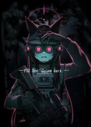  1girl animal_ears assault_rifle blue_archive dark_background english_text fox_ears fox_girl gloves gun h&amp;k_hk416 halo headset helmet highres holding holding_gun holding_weapon long_hair looking_at_viewer night_vision_device outdoors red_halo rifle sekino_takehiro solo tactical_clothes teeth upper_body weapon yukino_(blue_archive) 