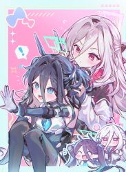  ! +_+ 0202ase 2girls :> :d \||/ ^_^ absurdres aqua_border aqua_halo aris_(armed)_(blue_archive) aris_(blue_archive) arm_up bare_shoulders black_bow black_gloves black_hair black_hairband black_jacket black_skirt black_thighhighs blue_archive blue_eyes blue_leotard blue_necktie blush border bow breasts bright_pupils chibi chromatic_aberration closed_eyes commentary_request double-parted_bangs elbow_gloves feet_out_of_frame flying_sweatdrops gloves grey_hair hair_between_eyes hair_bow hair_intakes hairband halo hand_on_own_thigh highres holding_another's_hair jacket kei_(blue_archive) kei_(new_body)_(blue_archive) knees_up leotard long_bangs long_hair long_hair_between_eyes long_sleeves mechanical_ears multicolored_gloves multicolored_jacket multicolored_leotard multiple_girls necktie notice_lines official_alternate_costume open_hand open_mouth outline outside_border outstretched_arm parted_lips pink_background pink_halo pink_jacket pink_outline pleated_skirt rectangular_halo red_eyes ringed_eyes shirt sidelocks sitting skirt small_breasts smile sparkle speech_bubble spoken_exclamation_mark sweatdrop thigh-highs twintails two-tone_gloves v-shaped_eyebrows very_long_hair white_gloves white_jacket white_leotard white_pupils white_shirt 