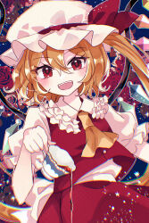  1girl :d ascot blonde_hair blush bow breasts chromatic_aberration collar commentary_request crystal cup fang flandre_scarlet frilled_collar frills hair_between_eyes hat hat_ribbon highres holding holding_cup katsuragi_atori looking_at_viewer mob_cap multicolored_wings one_side_up open_mouth pouring puffy_short_sleeves puffy_sleeves red_bow red_eyes red_ribbon red_skirt red_vest ribbon shirt short_hair short_sleeves side_ponytail skirt skirt_set small_breasts smile solo spilling standing tea teacup teeth touhou upper_body upper_teeth_only vest white_hat wings yellow_ascot 