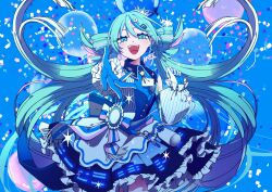  1girl :d absurdres aqua_eyes aqua_hair badge balloon blue_shirt blush bottle collared_shirt commentary_request confetti crown detached_sleeves dress earrings eiku frills gloves hair_between_eyes hair_ornament hatsune_miku highres jewelry lawson long_hair looking_at_viewer milk_bottle mini_crown multicolored_hair open_mouth outstretched_arm pink_streaks ribbon shirt short_dress signature single_earring sleeveless sleeveless_shirt smile solo star_(symbol) streaked_hair teeth tilted_headwear twintails upper_teeth_only very_long_hair vocaloid wheat_print white_gloves white_sleeves 
