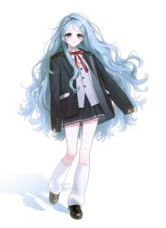 1girl black_jacket black_shoes black_skirt blazer blue_hair blush braid collared_shirt grey_vest hair_ornament hairclip highres jacket long_hair long_sleeves loose_socks miniskirt neck_ribbon original parted_bangs parted_lips pleated_skirt red_ribbon ribbon school_uniform shirt shoes skirt sleeves_past_wrists so_seo socks solo vest violet_eyes white_background white_shirt white_socks 