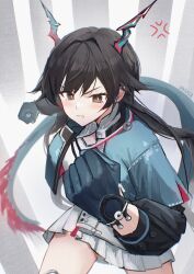  1girl anger_vein angry aqua_gloves aqua_horns aqua_jacket arknights arknights:_endfield artist_name black_hair blush chen_qianyu_(arknights) clenched_hands commentary cowboy_shot danraz0r dragon_ears dragon_girl dragon_horns dragon_tail eastern_dragon_horns eastern_dragon_tail gloves hand_up highres horns jacket long_hair long_sleeves looking_at_viewer miniskirt open_clothes open_jacket open_mouth shirt skirt solo tail teeth twintails white_shirt white_skirt 